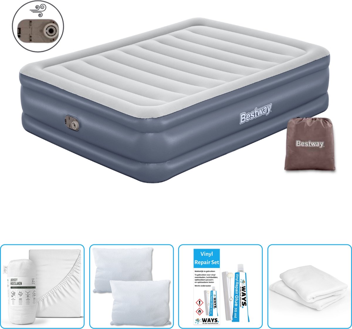 Bestway luchtbed - 2-Persoons - 152 x 203 x 51 cm - Grijs - Inclusief pomp - Hoeslaken - Kussen - Kussenbeschermer en Reparatieset