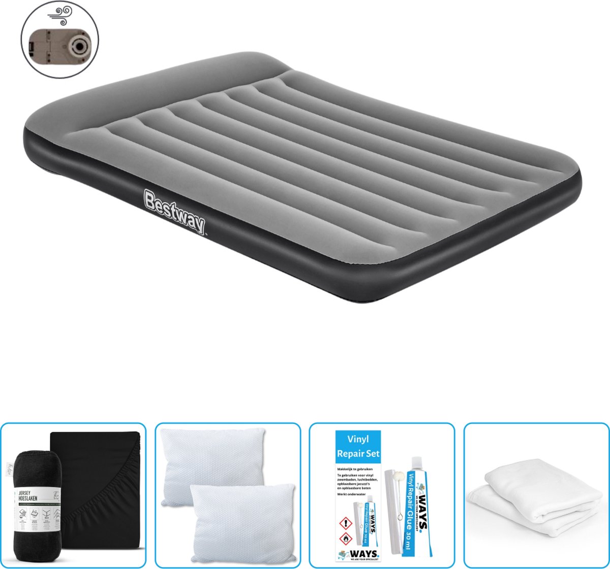 Bestway luchtbed - Twijfelaar - 137 x 191 x 30 cm - Grijs - Inclusief pomp - Hoeslaken - Kussen - Kussenbeschermer en Reparatieset