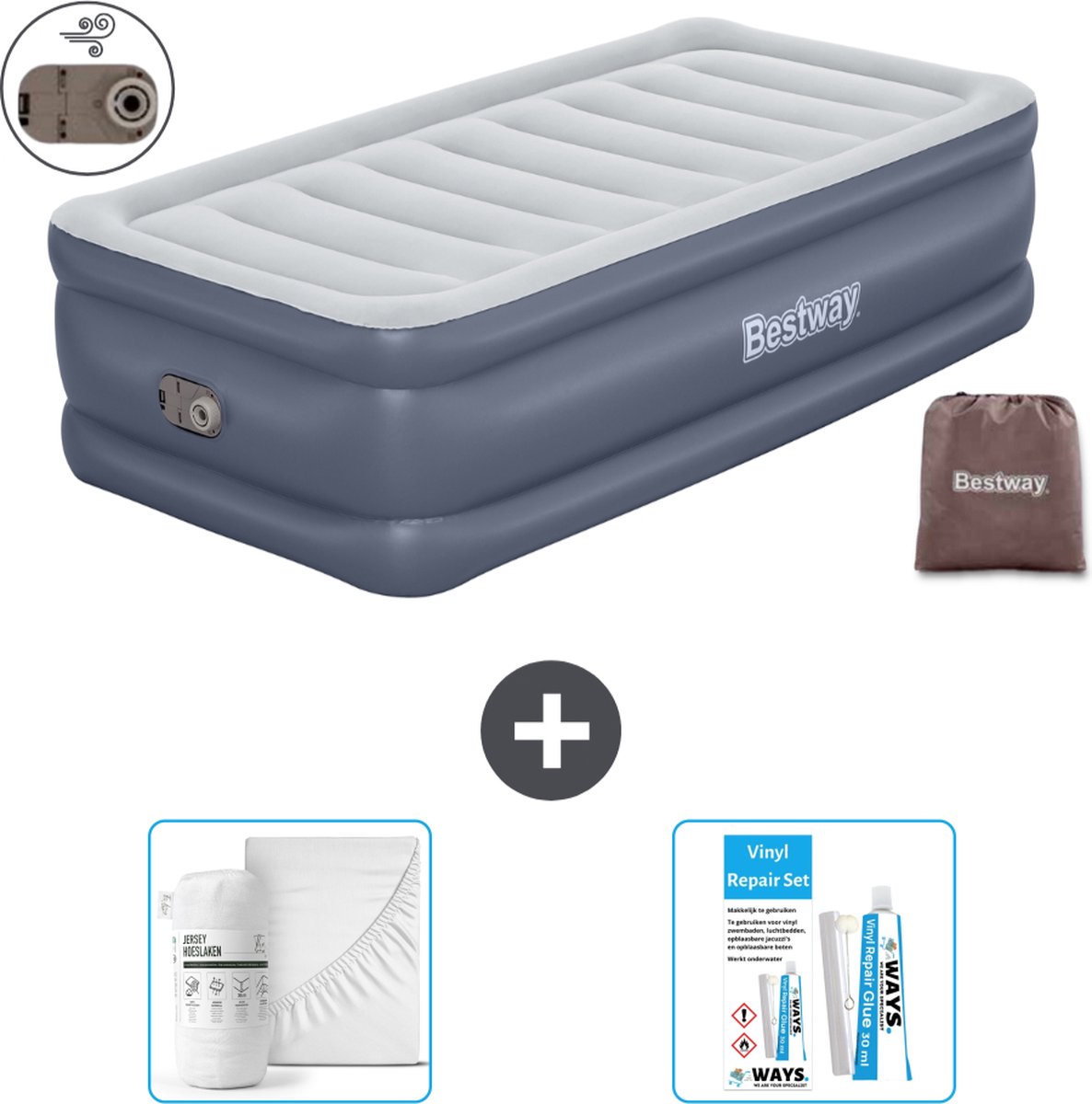 Bestway luchtbed - 1-Persoons - 97 x 191 x 51 cm - Grijs - Inclusief pomp - Hoeslaken en Reparatieset