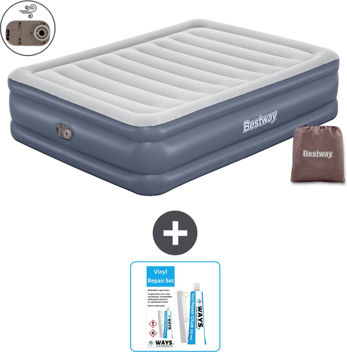 Bestway luchtbed - 2-Persoons - 152 x 203 x 51 cm - Grijs - Inclusief pomp - Reparatieset