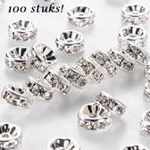 Rhinestone spacer beads, zilver met heldere chatons, 4x2mm. Verkocht per 100 stuks !