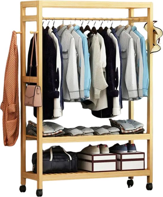 SureDeal® - Portant à vêtements - Avec roulettes - 3 Couches - Cadre en bois - Amovible - Armoire - Chambre