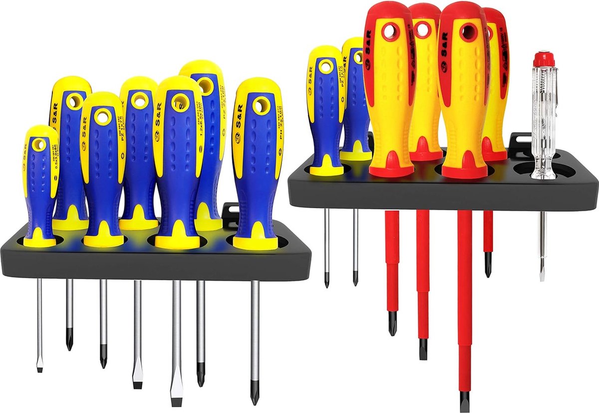 Schroevendraaierset, 16-delig, Magnetische Schroevendraaier, kruiskop, slot, voltmeter, Pozidriv schroeven, twee stabiele wandhouders, Kraftform Ergo handgreep, in S & R professional kwaliteit