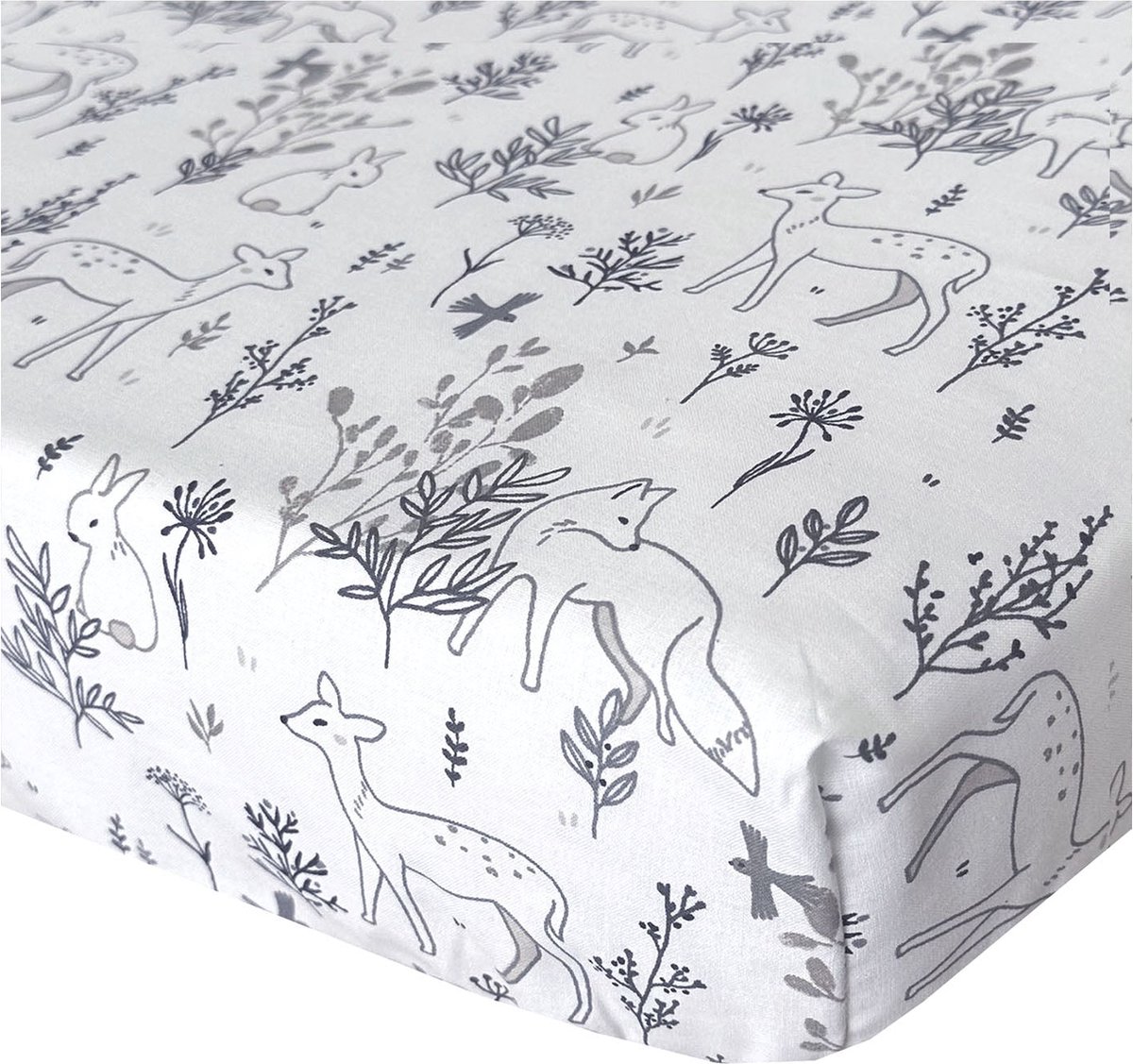 BINK Bedding Hoeslaken Bas 40 x 80 cm - bosdieren - konijn - vos - hert - grijs - beige - taupe - naturel - kinderhoeslaken - hoeslaken met print - hoeslaken kinderbed - hoeslaken wieg - kinderwagen - hoeslaken met print - bunny - fox - rabbit