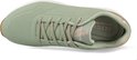 Bovenaanzicht van een mintgroene Skechers sneaker met veters, perforaties op de neus en roze gouden details.