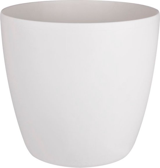 Un pot de fleurs rond blanc Elho vide, de forme conique.