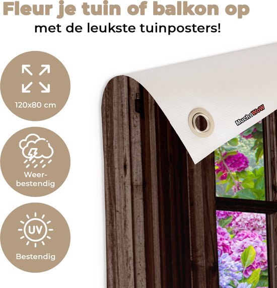 Tuinposter doorkijk bloemen - Donkerbruin raam - Tuindecoratie hortensia - 120x80 cm - Tuinschilderij voor buiten paars - Tuindoek - Wanddecoratie tuin - Schuttingdoek - Balkon decoratie - Muurdecoratie - Buitencanvas tuinversiering