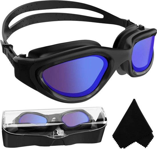 Gepolariseerde zwembril met anti-condens en UV-bescherming voor mannen en vrouwen - Geen lekkage - Helder zicht - Eenvoudig aan te passen - Geschikt voor tieners - Volledig zwart/blauw met spiegellens swimming glasses