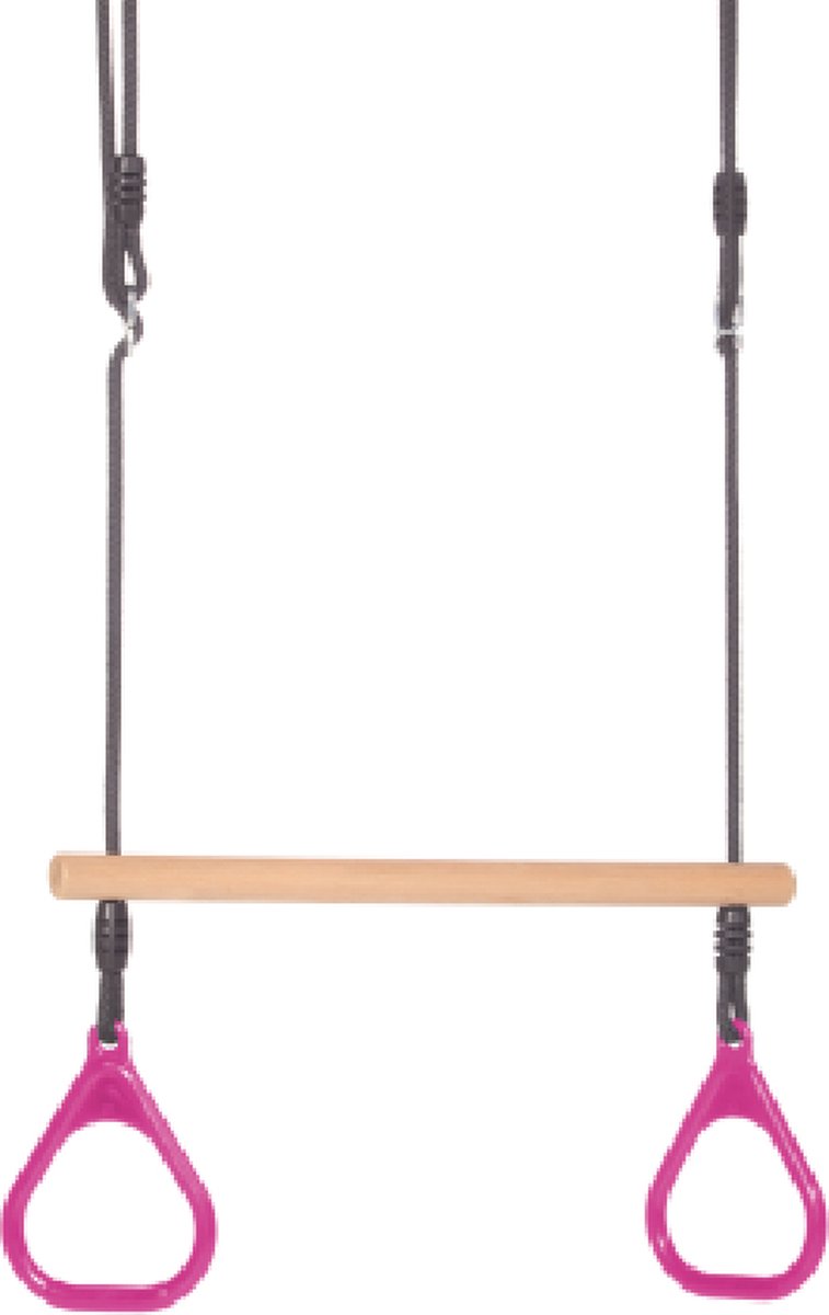 DICE - houten trapeze met kunststof ringen - roze - zwart touw