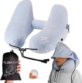 AIR Opblaasbaar nekkussen - reiskussen met capuchon en oordopjes voor volwassenen - Snel opblaasbaar Travel pillow voor vliegtuig -Verstelbaar nekkussen met 5 slaapstanden- Lichtblauw, Maat M
