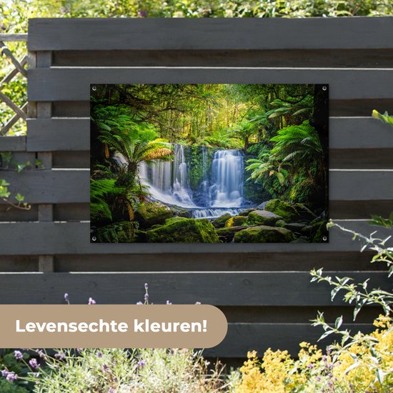 Waterval in een groen bos, met varens en mos, aan een grijze schutting.