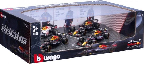 Bburago Red Bull Racing F1 Seizoen 2023 - 4 modelauto's in geschenkverpakking - Max Verstappen RB19, RB18, RB16B - Perez RB19 - Schaalmodel 1:43