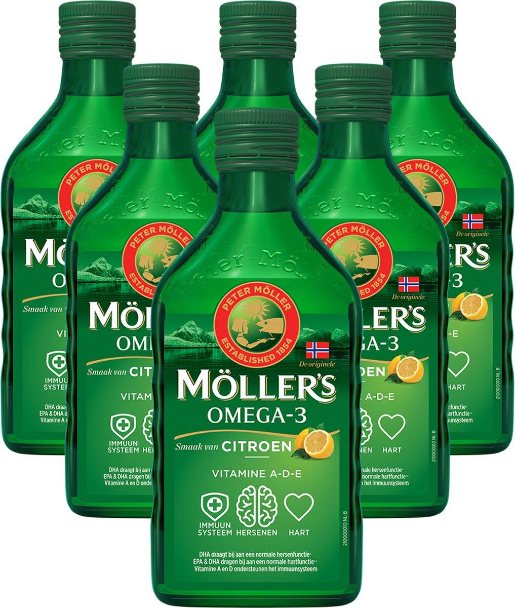Goedkoopste Möller’s Omega-3 Levertraan Citroen - 6 x 250ml - Omega-3 visolie – Levertraan vloeibaar – Levertraan met smaak van citroen