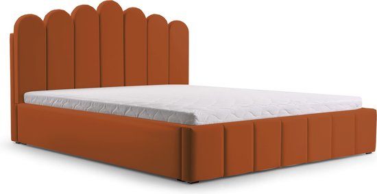 Tweepersoonsbed met fluwelen bekleding, met hoofdeinde, lattenbodem, bed voor volwassenen - BETT 03 - 140x200 - Donker oranje (TRINITY 25)