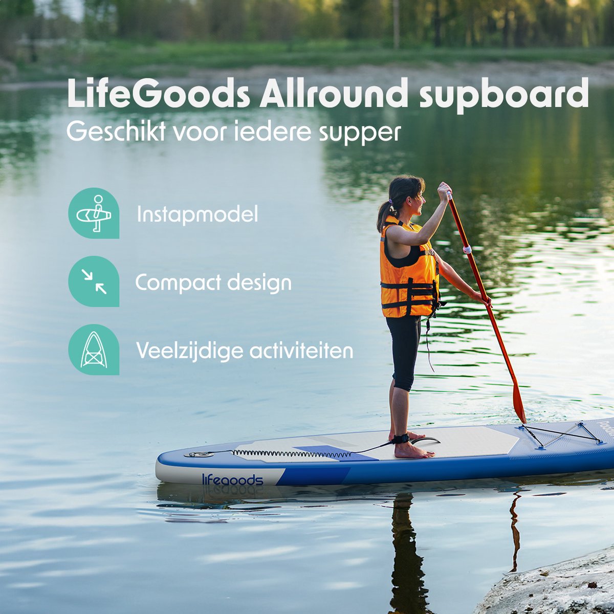 LifeGoods SUP Board Allround Compact - 120 KG Draagkracht - 300 x 76 cm - Opblaasbaar - Compleet SUP pakket - Blauw – foto 2