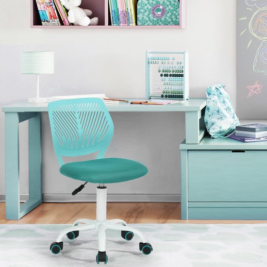 Chaise d'ordinateur au design réglable moderne, bureau pivotant sans accoudoirs, espace d'apprentissage pour enfants, chaise de bureau à domicile, turquoise, plastique, 38,5 cm x 40 cm x 75-87 cm
