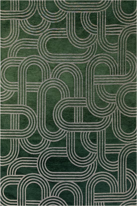 Vloerkleed Disco groen met geometrische lijnen en cirkels - Tapijt - 240 x 340 cm