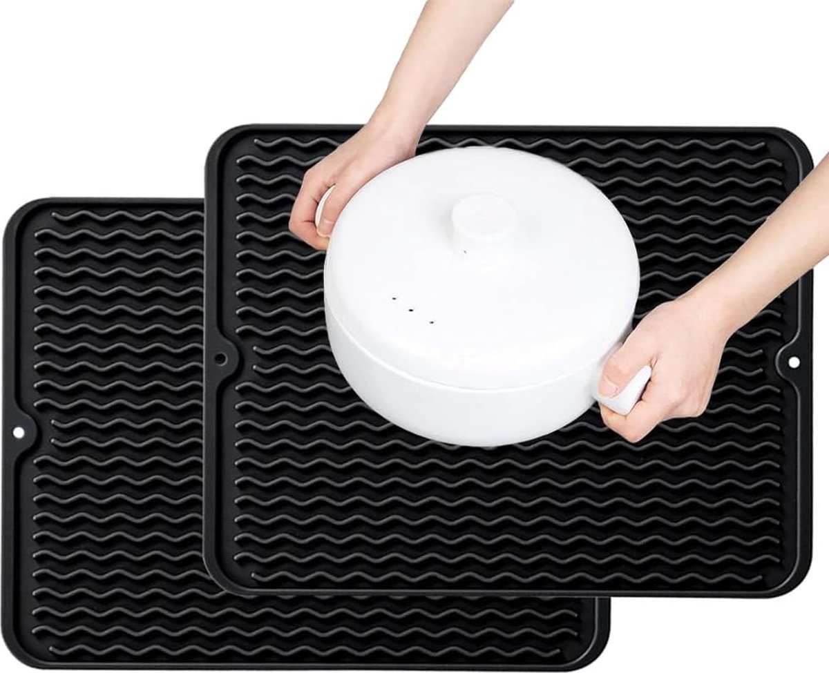 Goedkoopste Siliconen vaatdroogmat, 2 stuks, vaatdroogmat, gootsteen, 40 x 30 cm, serviesdroogmat, antislip, hittebestendige siliconenmat voor keuken voor het drogen van serviesgoed en glazen (zwart