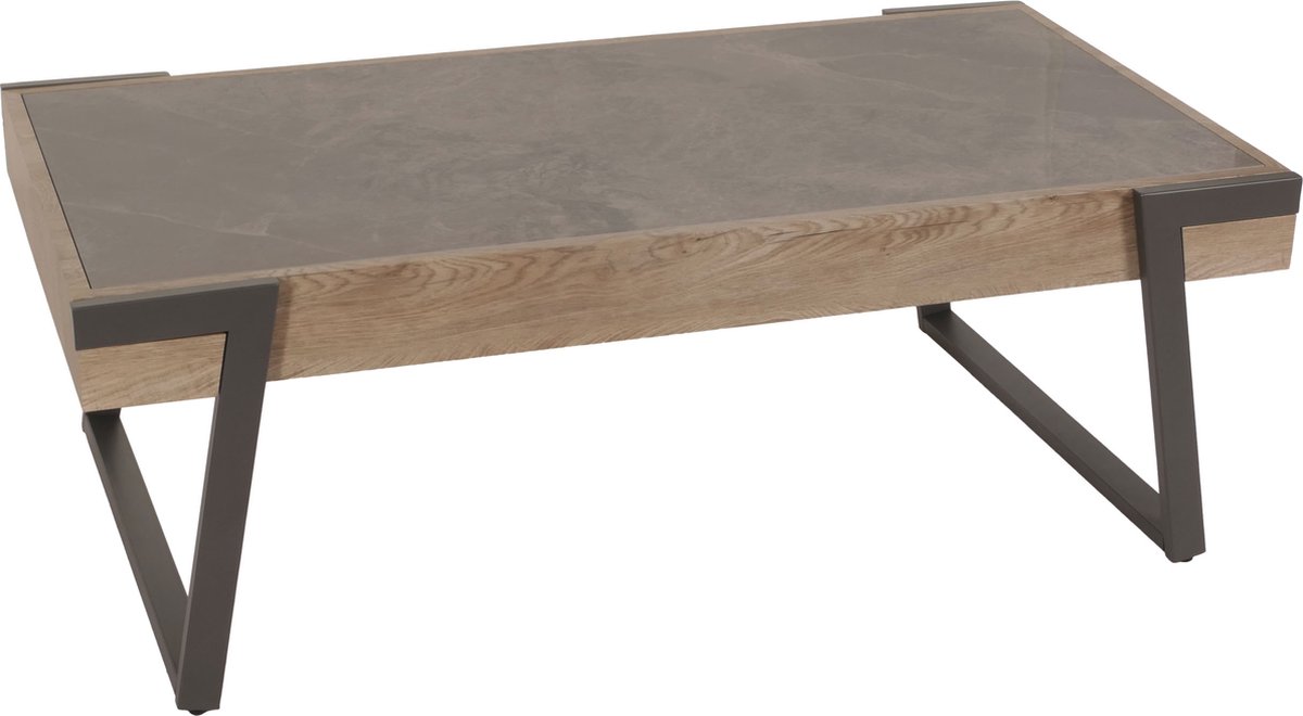 MCW Salontafel MCW-L89, banktafel woonkamertafel, ijzer 43x120x64cm gesinterde steen marmer look grijs hout grijsbruin