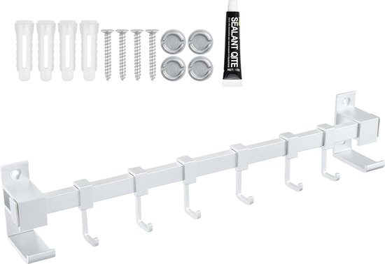 40 cm hakenrek, keukenrek, keukengereihouder met 6 beweegbare haken, ophangrail, aluminium keukenrail, keukenrail, ophangrail voor keuken, badkamer (zilver)