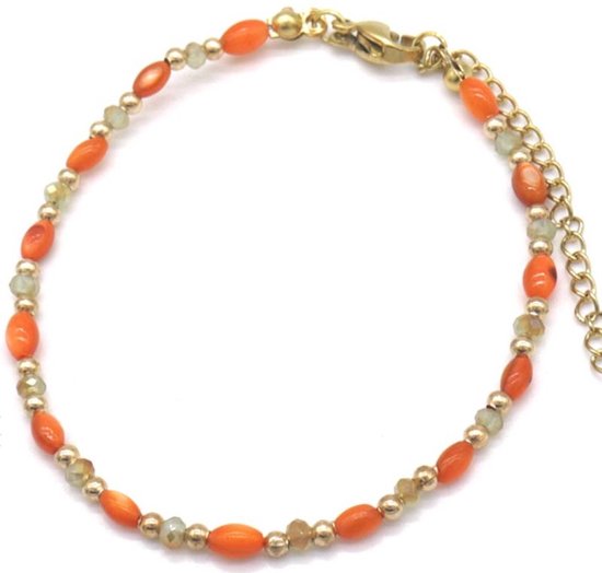 Bracelet Femme - Perles - Acier Inoxydable - Longueur 17-21 cm - Doré et Oranje
