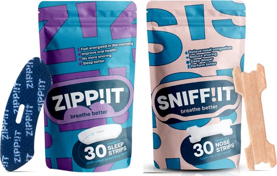 Zippit® mondtape & Sniffit® neusstrips Bundel - Anti-Snurk Slaapstrips - Hypoallergene lijm - Mouth tape - Mond Tape - Geen verstopte neus meer - Neuspleisters - Neusspreider - Anti snurk strips - Zacht voor de huid - 2 x 30 stuks