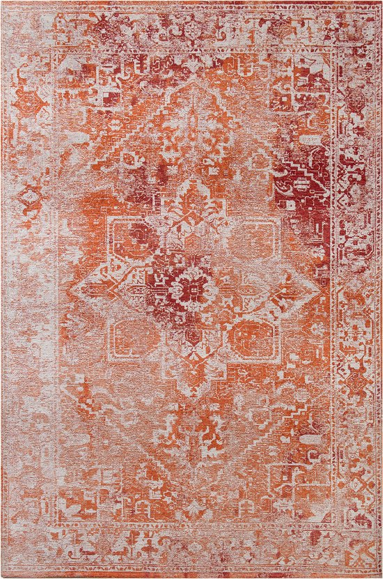 Vloerkleed Heris rood met sierlijke motieven in het midden, vervaagde kleuren en texturen, antieke look. - Tapijt - 240 x 340 cm