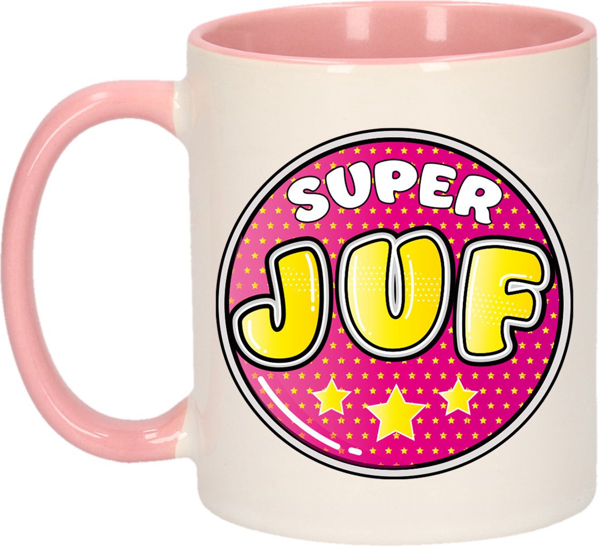 Bellatio Decorations Cadeau koffie/thee mok voor juf - roze - button - super juf - juffen dag