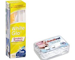 White Glo Smokers Formula Whitening Tandpasta 150g en tandenborstel (inclusief Sanitral 50 Floss Sticks als cadeau inbegrepen)