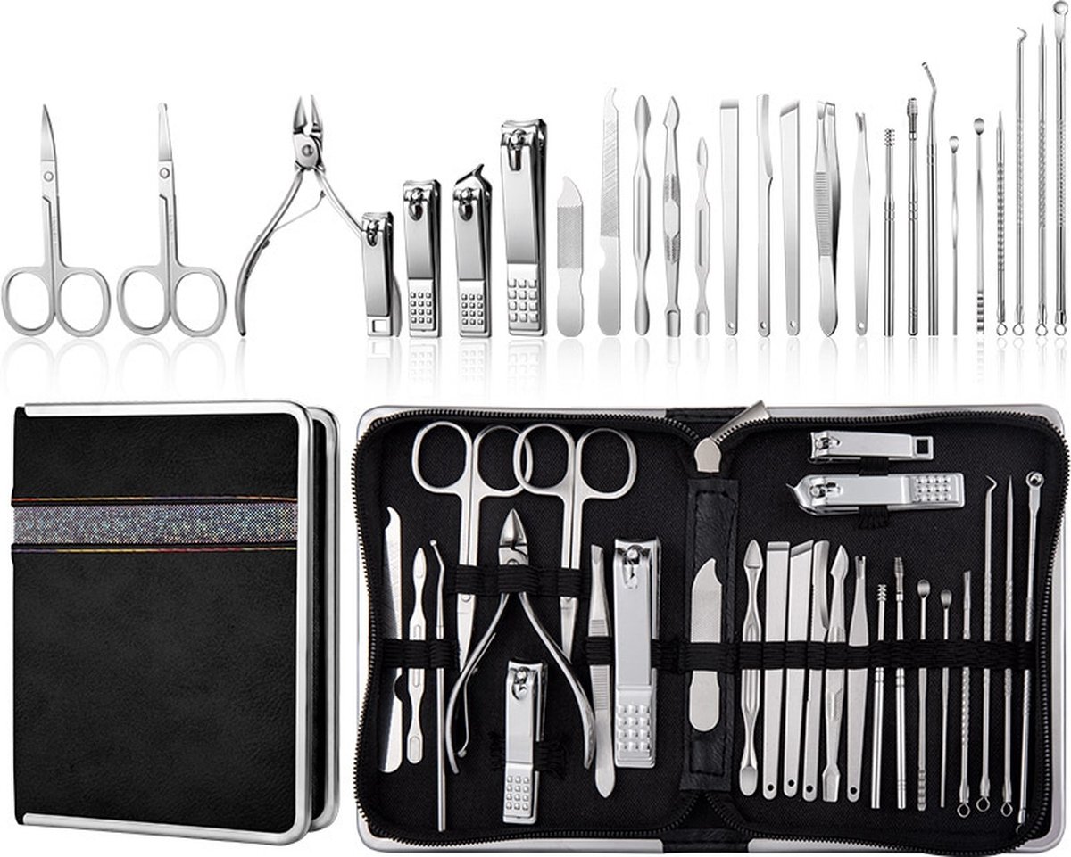 Goedkoopste 26-delige Pedicure, Manicure en Wenkbrauw Set - 3 Nagelknippers - Complete Pedicureset RVS - Nagelschaar - Nagelvijl - Nageltang - Teennagelknipper - Kalknagel - Zwart