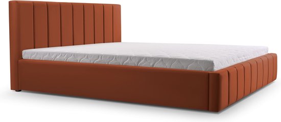 InspireME - Bed 01 - Gestoffeerd bed met Fluweel Beklede Tweepersoonsbed - 140x200 cm - Elegant en Comfortabel - Donker oranje (TRINITY 25)
