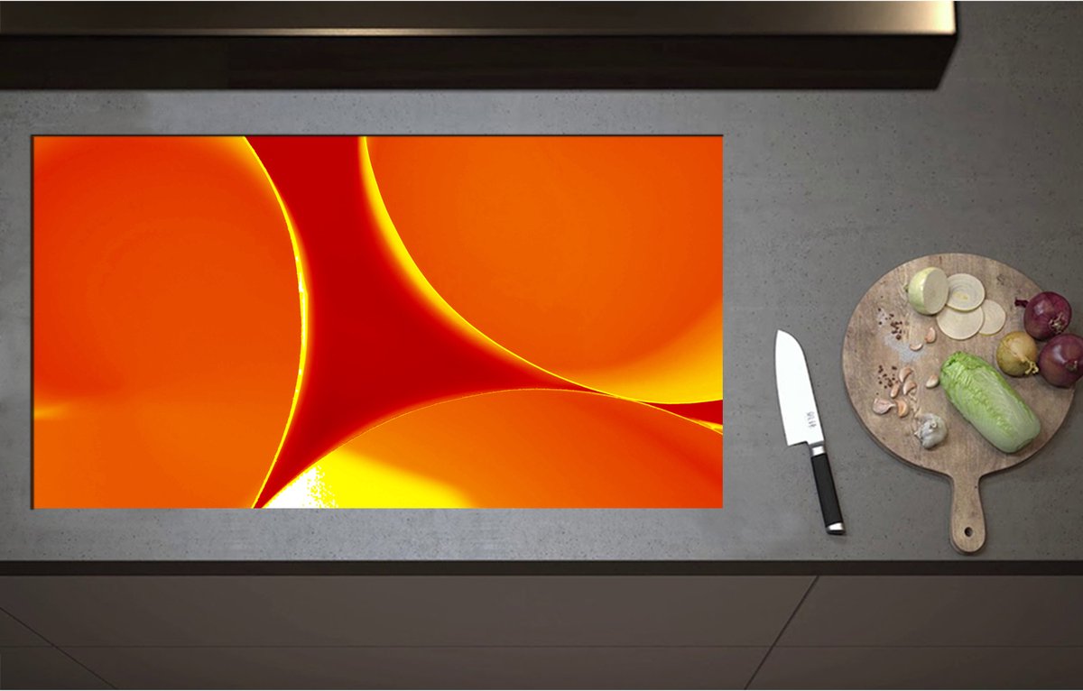 Inductieplaat Beschermer - Abstract - Achtegrond - Rondjes - Cirkels - Rood - Oranje - Geel - 95x52 cm - 2 mm Dik - Inductie Beschermer - Bescherming Inductiekookplaat - Kookplaat Beschermer van Zwart Vinyl