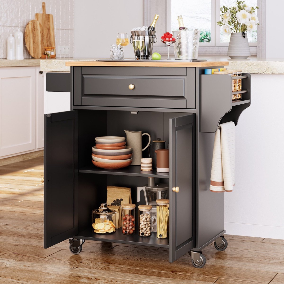 Bealife AK61 keukentrolley met werkblad - serveerwagen - keukenwagen - keukenkast op wielen- 91x45x90cm-Zwart