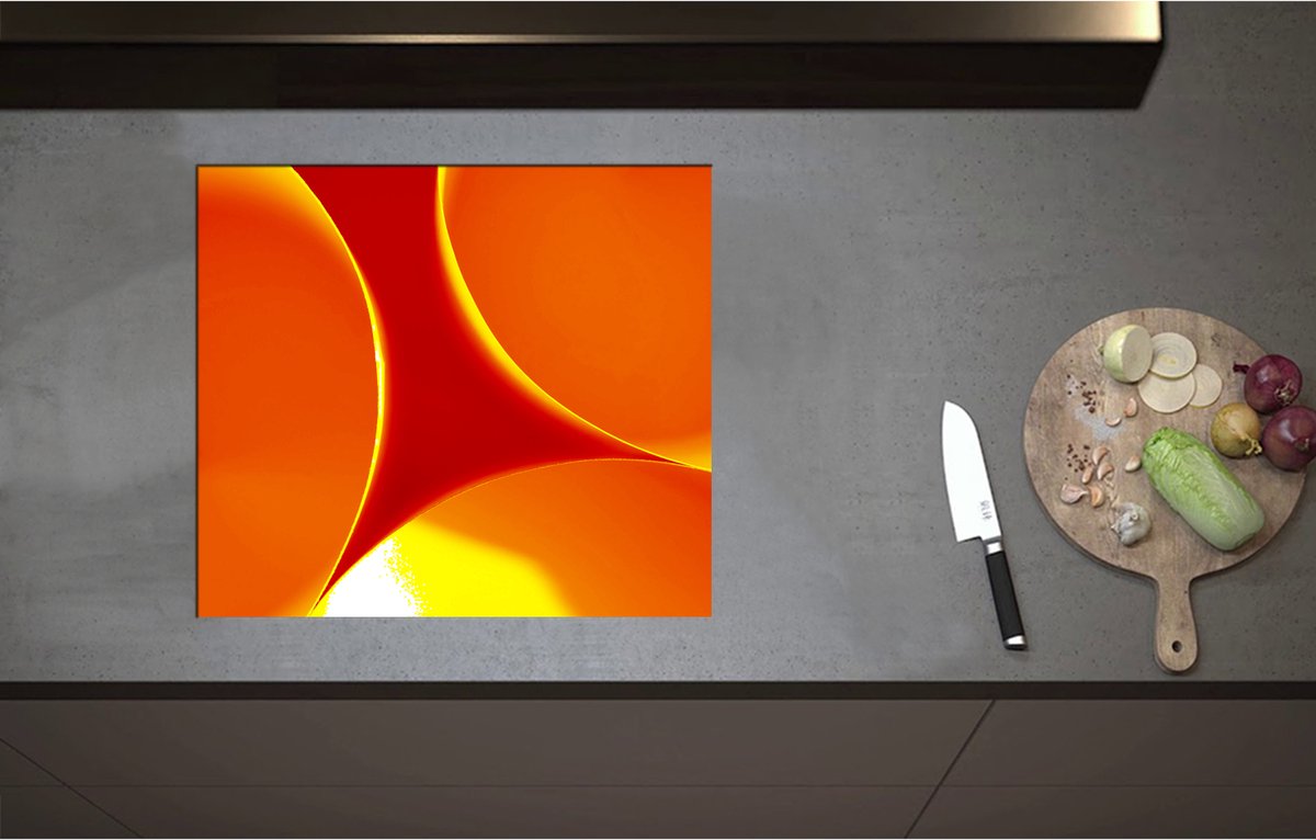 Inductieplaat Beschermer - Abstract - Achtegrond - Rondjes - Cirkels - Rood - Oranje - Geel - 59x52 cm - 2 mm Dik - Inductie Beschermer - Bescherming Inductiekookplaat - Kookplaat Beschermer van Zwart Vinyl