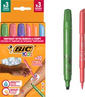 BIC Kids - Tijdelijke tattooset voor kinderen - Veilig voor de huid- Set van 3 Markers + 10 Stencils + 3 Stempels