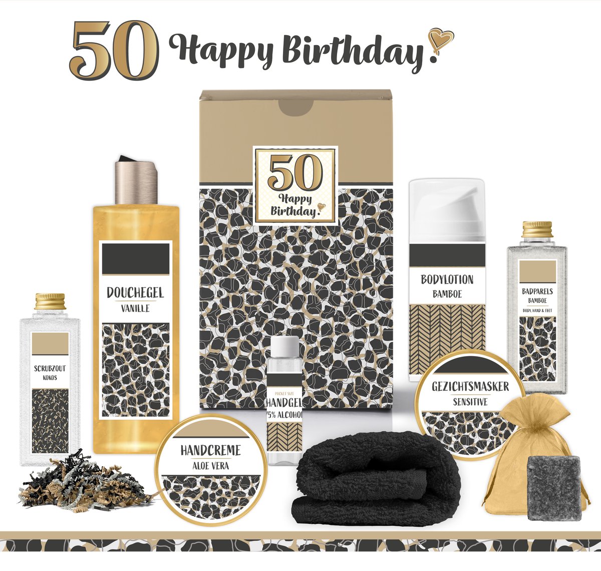 Goedkoopste Geschenkset “50 Jaar Happy Birthday!” - 9 producten - 800 gram | Giftset voor haar - Luxe wellness cadeaubox - Cadeau Vrouw Vijftig Jaar - Gefeliciteerd Gift Set Verjaardag - Geschenk Pakket Party - Cadeaupakket - Verjaardagscadeau -Panter Zwart Goud