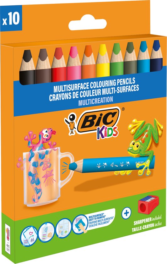 BIC Kids - Kleurpotlood Multisurface - Multi talent kleurpotlood - Diverse kleuren- Punt 1 cm- Pak van 10 stuks + 1 puntenslijper