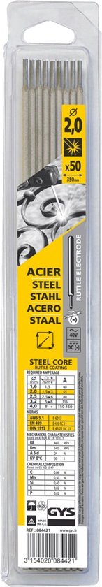 GYS Ruti-Stahl laselektrode, 50 stuks, 2.0 x 350 mm, 55 A. Verpakking met tabel en keurmerken.