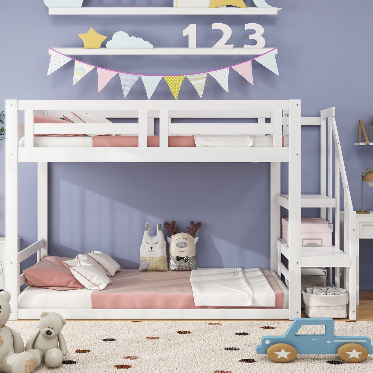 Soweiz Massief houten stapelbed met glijbaan en rek met veiligheidsstappen, kinderbed 90 x 200/140 x 200 cm, rolbed en lattenbodem Soweiz Massief houten stapelbed met glijbaan en rek met veiligheidsstappen, kinderbed 90 x 200/140 x 200 cm, rolbed en lattenbodem