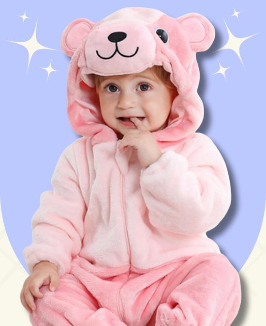 BoefieBoef Beer Roze Dieren Onesie & Pyjama voor Baby & Dreumes en Peuter tm 18 maanden - Kinder Verkleedkleding - Dieren Kostuum Pak