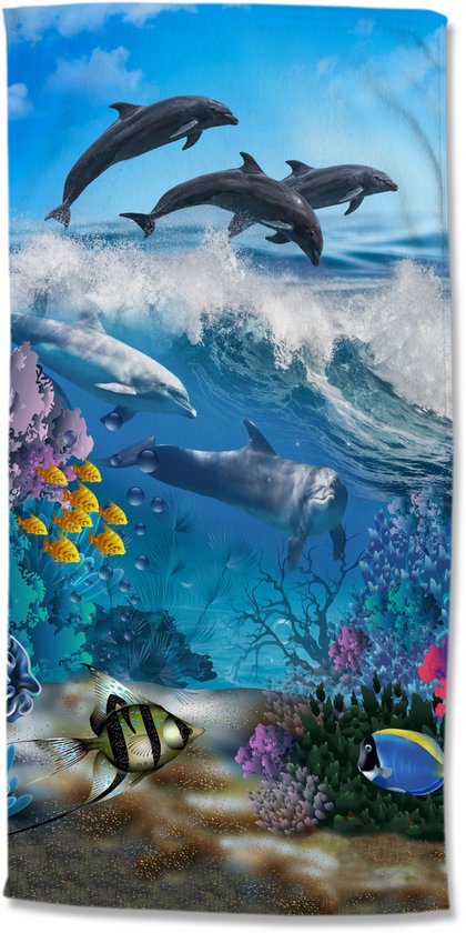 Prachtig kids velours strandlaken Dolphin - 75x150 - heerlijk zacht - comfortabel om op te liggen - vochtabsorberend - sneldrogend - hoogwaardige kwaliteit