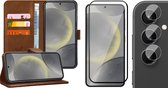 Hoesje geschikt voor Samsung Galaxy S24 - Screenprotector Volledig Dekkend Glas & Camera - Portemonnee Book Case Bruin