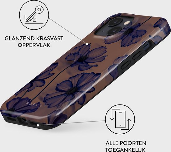 Een telefoonhoesje voor iPhone 15 met een bruine achtergrond en donkerblauwe bloemen. "GLANZENDE KRASVAST OPPERVLAK" en "ALLE POORTEN TOEGANKELIJK" zijn in het Nederlands.