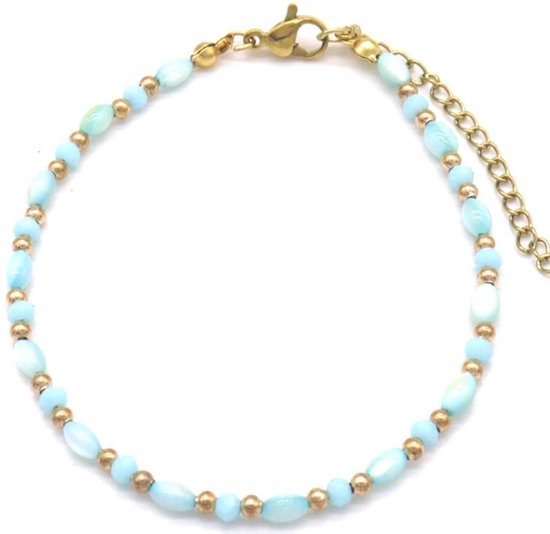 Bracelet Femme - Perles - Acier Inoxydable - Longueur 17-21 cm - Doré et Blauw