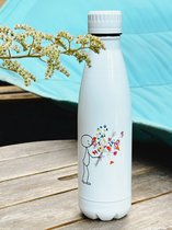 waterfles RVS - Robin met bloemen - drinkfles - thermosfles - 500 ml - vrolijke fles met bloemen