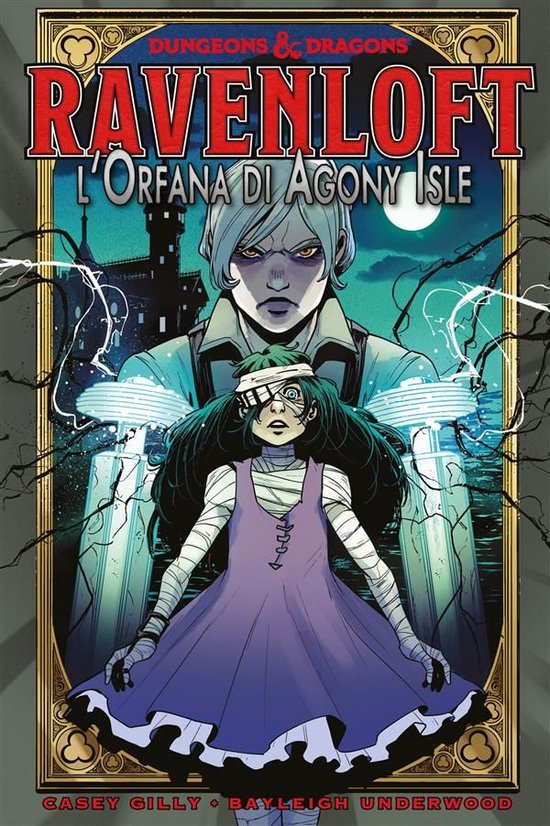 Dungeons & Dragons Ravenloft: L’orfana di Agony Isle. Twee meisjes, waarvan één met verband om hoofd en armen, voor een kasteel.