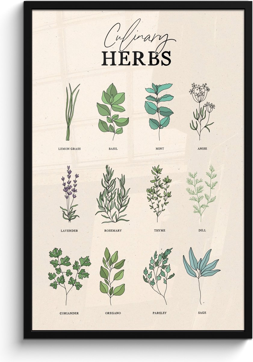 FrameYourWall Fotolijst inclusief poster - Posterlijst 60x90 cm - Posters - Kruiden - Planten - Herbs - Groen - Vintage - Foto in lijst - Keuken decoratie muur - Wanddecoratie accessoires - Muurdecoratie - Schilderijen Kruiden - Overzicht