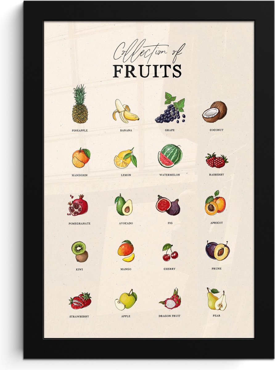 FrameYourWall Fotolijst inclusief poster - Posterlijst 20x30 cm - Posters - Fruit soorten - Kleurrijk - Eten - Vintage - Foto in lijst - Keuken decoratie muur - Wanddecoratie accessoires - Muurdecoratie - Schilderijen fruit - overzicht