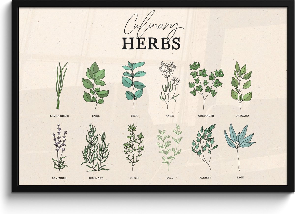FrameYourWall Fotolijst inclusief poster - Posterlijst 90x60 cm - Posters - Kruiden - Planten - Herbs - Groen - Vintage - Foto in lijst - Keuken decoratie muur - Wanddecoratie accessoires - Muurdecoratie - Schilderijen Kruiden - Overzicht