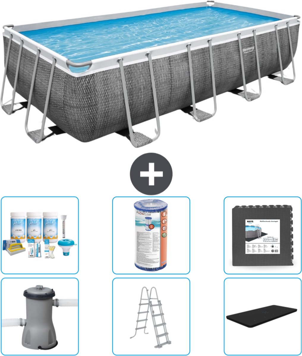 Bestway Rechthoekig Power Steel Zwembad – Rattanprint – 488 x 244 x 122 – Inclusief Pomp – Ladder – Afdekzeil Onderhoudspakket – Filter – Vloertegels Bestway Rechthoekig Power Steel Zwembad – Rattanprint – 488 x 244 x 122 – Inclusief Pomp – Ladder – Afdekzeil Onderhoudspakket – Filter – Vloertegels